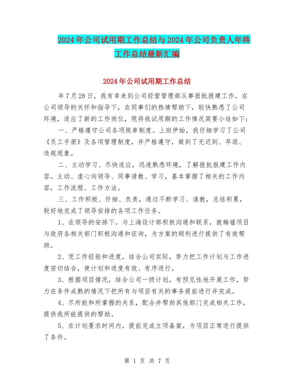 2024年公司试用期工作总结与2024年公司负责人年终工作总结最新汇编_第1页