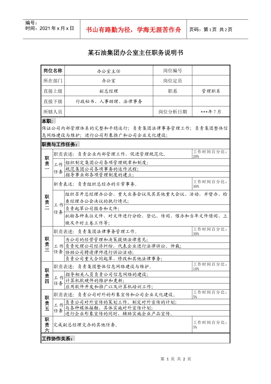 集团办公室主任职务说明书_第1页