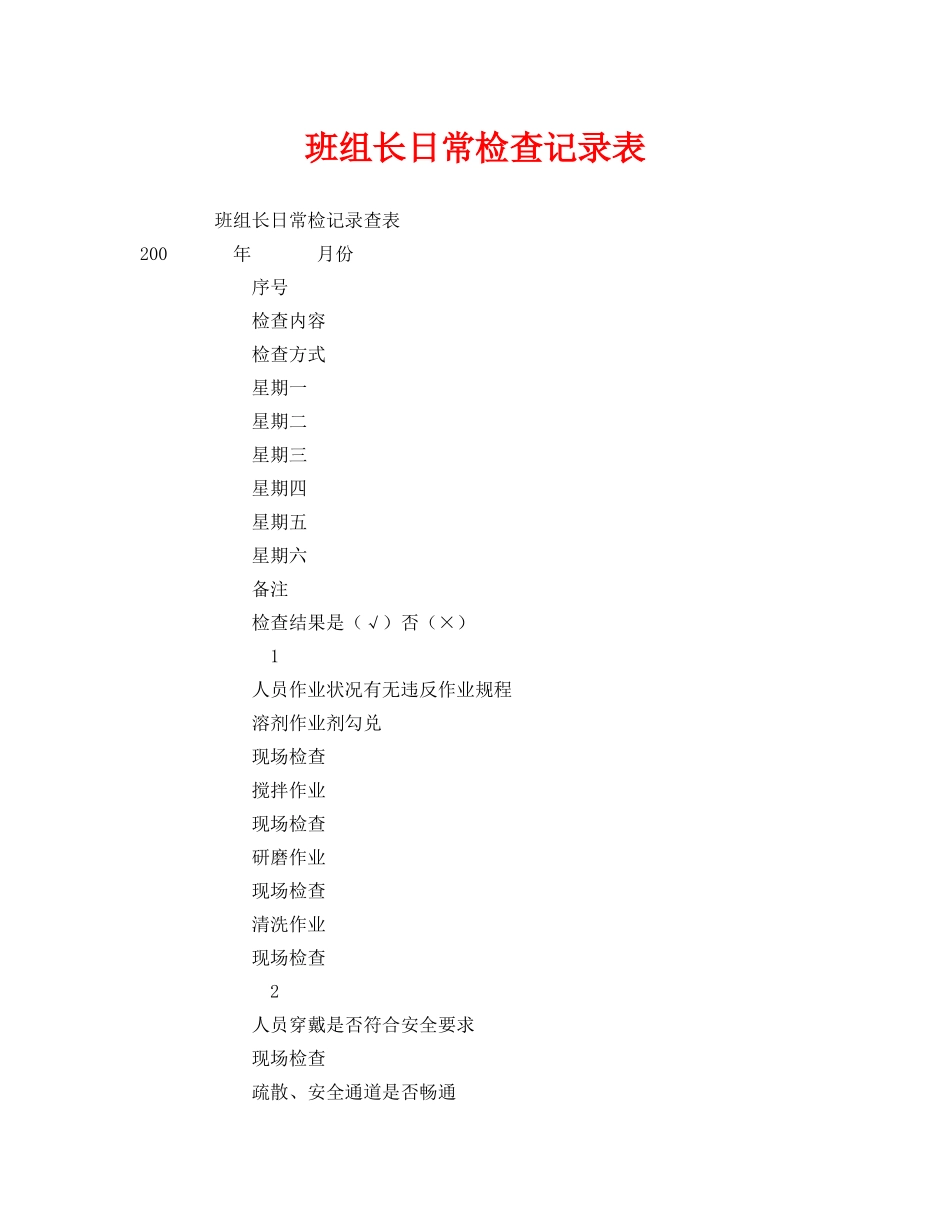 《安全管理资料》之班组长日常检查记录表 _第1页