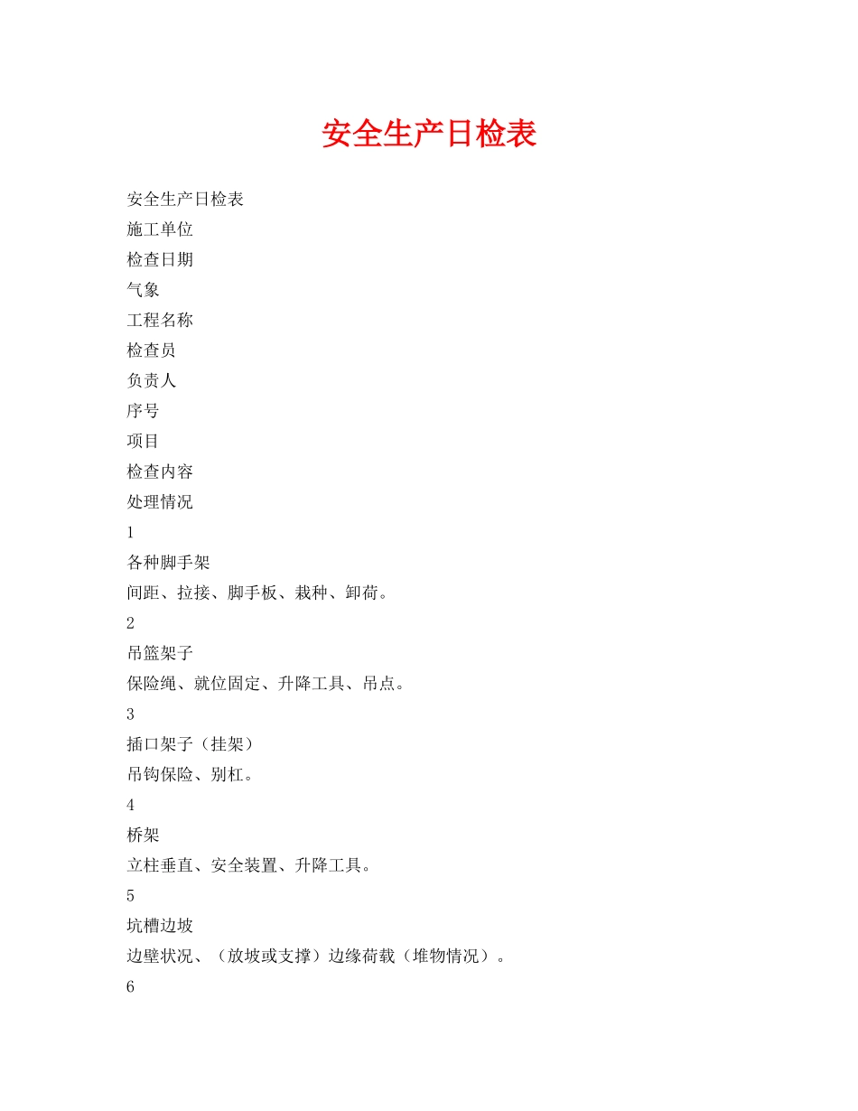 《安全管理资料》之安全生产日检表 _第1页