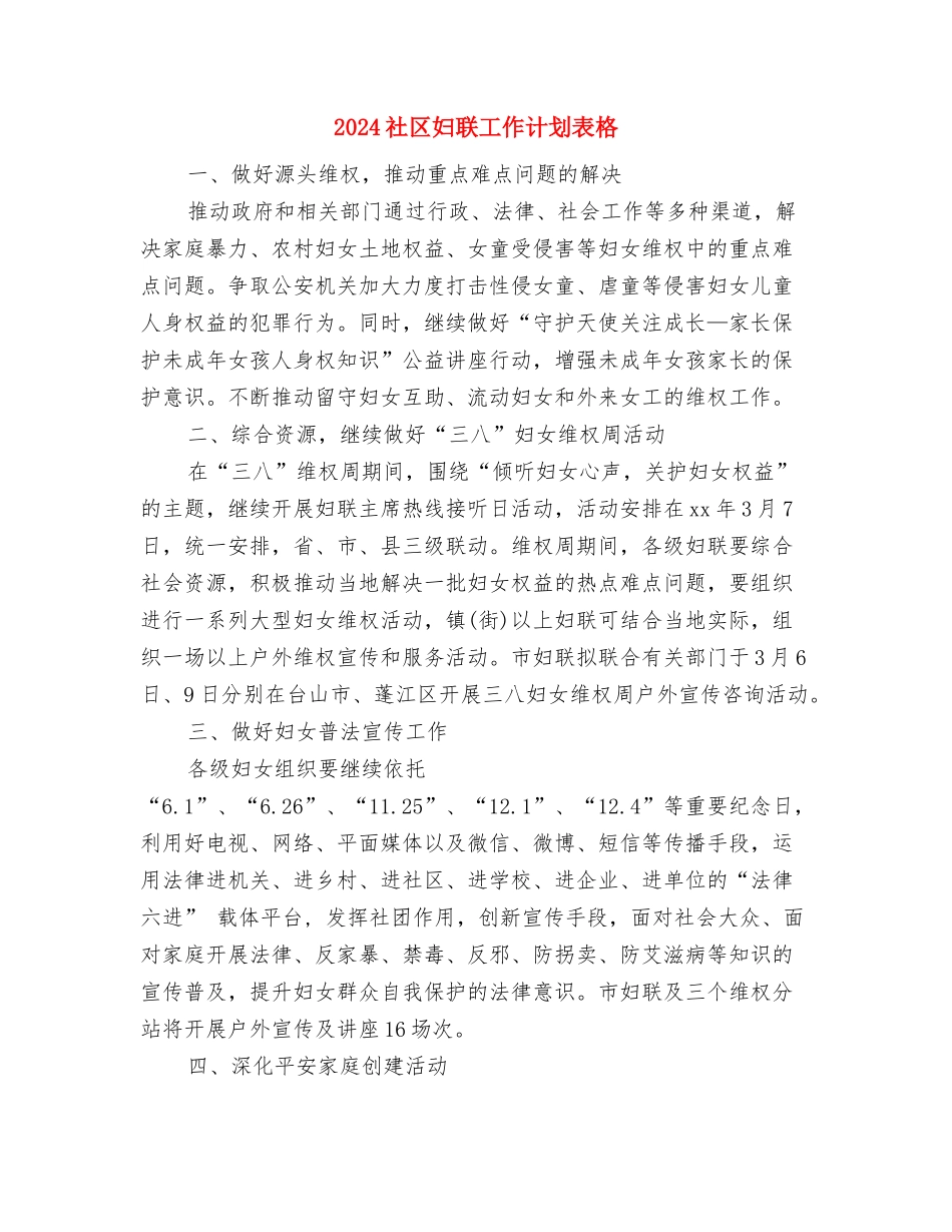2024社区妇联工作计划范文与2024社区妇联工作计划表格汇编_第3页