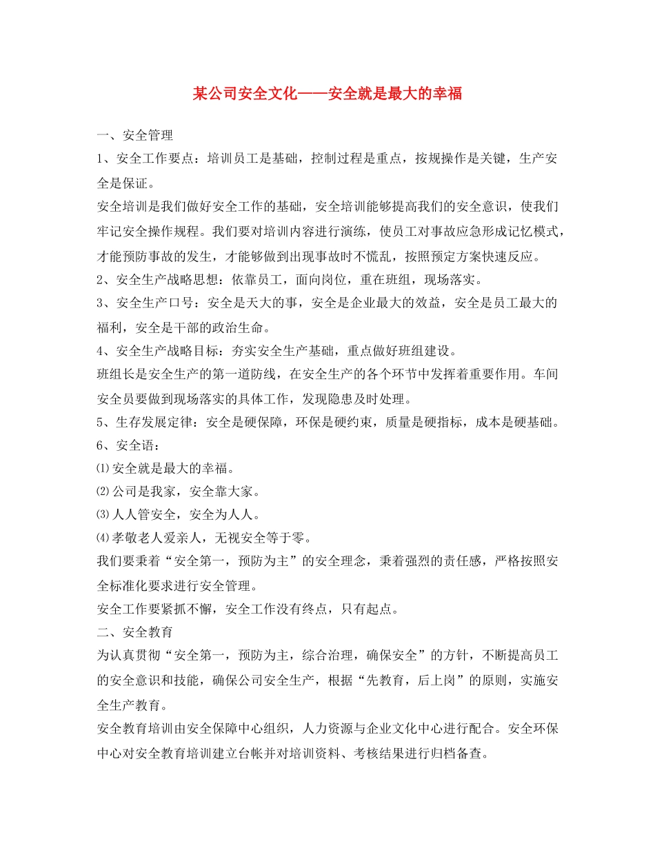 《安全文化》之某公司安全文化——安全就是最大的幸福 _第1页