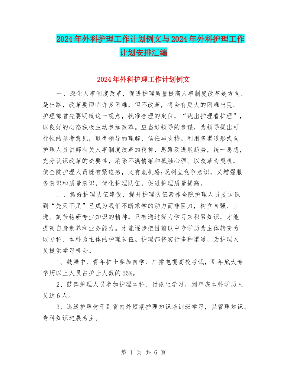 2024年外科护理工作计划例文与2024年外科护理工作计划安排汇编_第1页