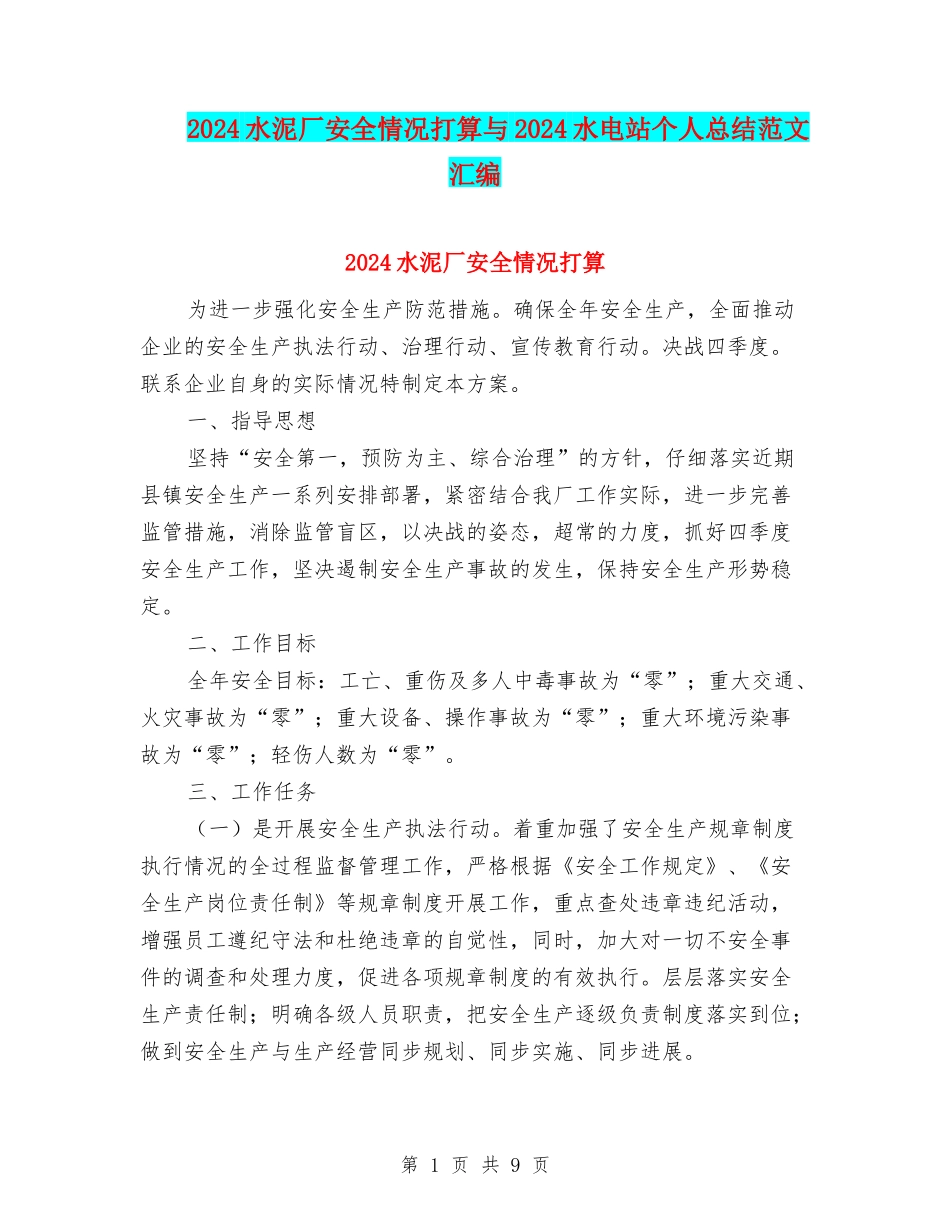 2024水泥厂安全情况打算与2024水电站个人总结范文汇编_第1页