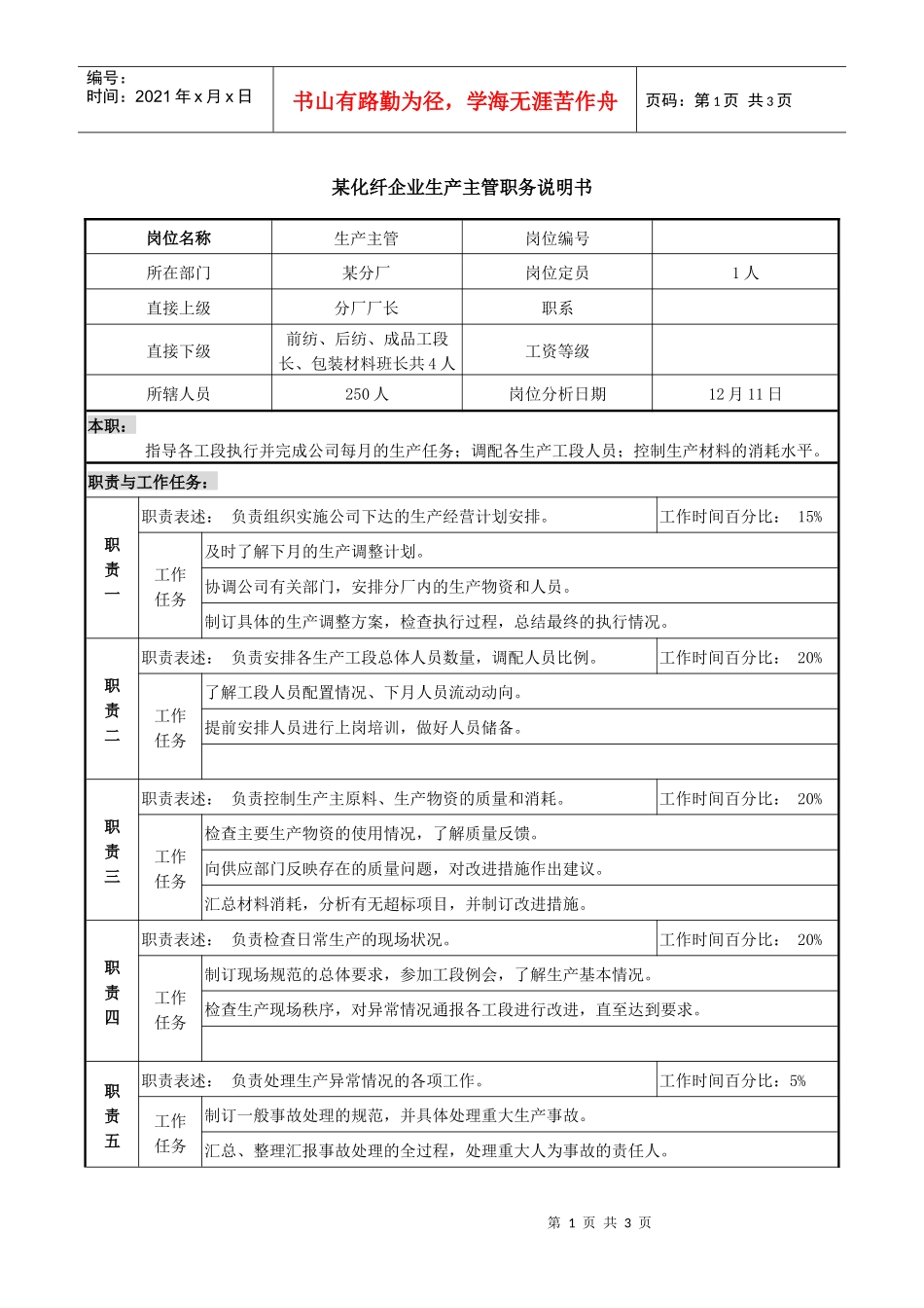 某化纤企业生产主管职务说明书_第1页