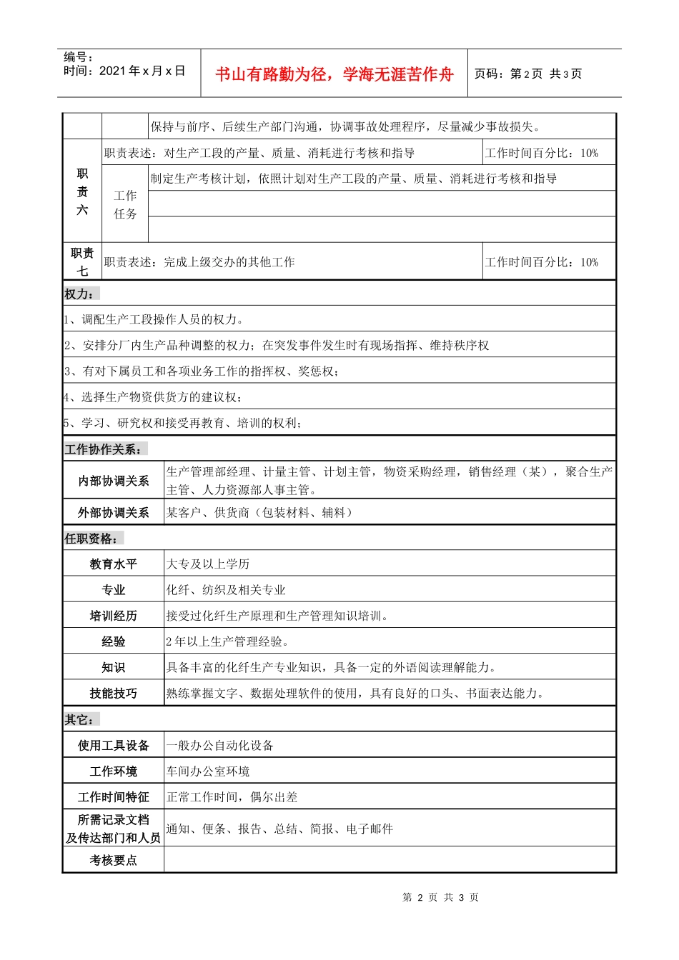 某化纤企业生产主管职务说明书_第2页