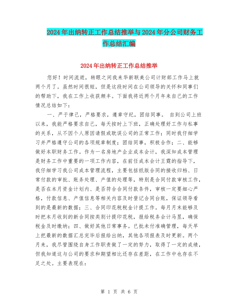 2024年出纳转正工作总结推荐与2024年分公司财务工作总结汇编_第1页