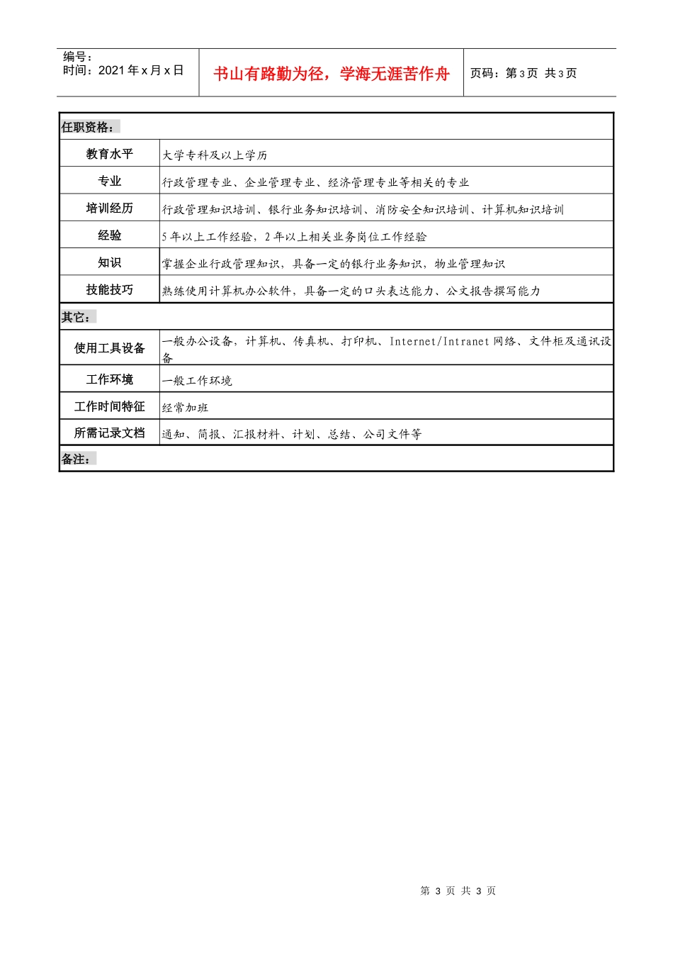 某市商业银行副主任岗位职务说明书_第3页