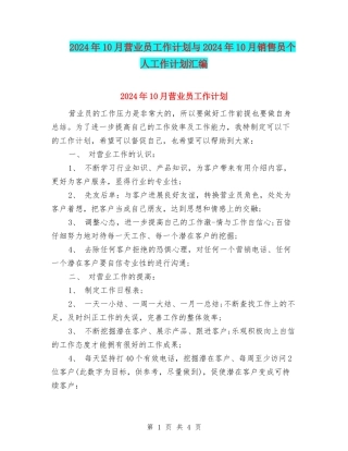 2024年10月营业员工作计划与2024年10月销售员个人工作计划汇编.doc