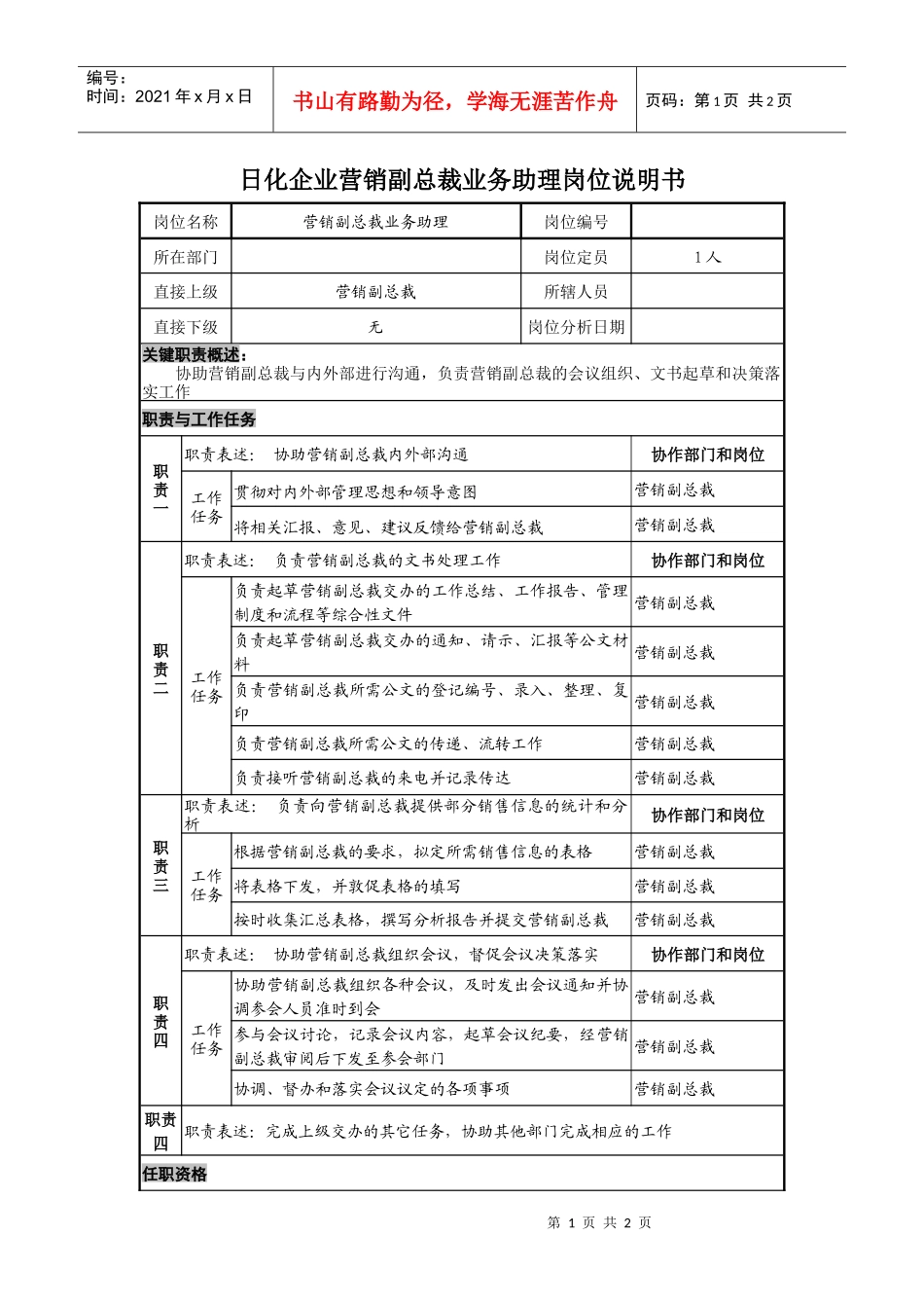 日化企业营销副总裁业务助理岗位说明书_第1页