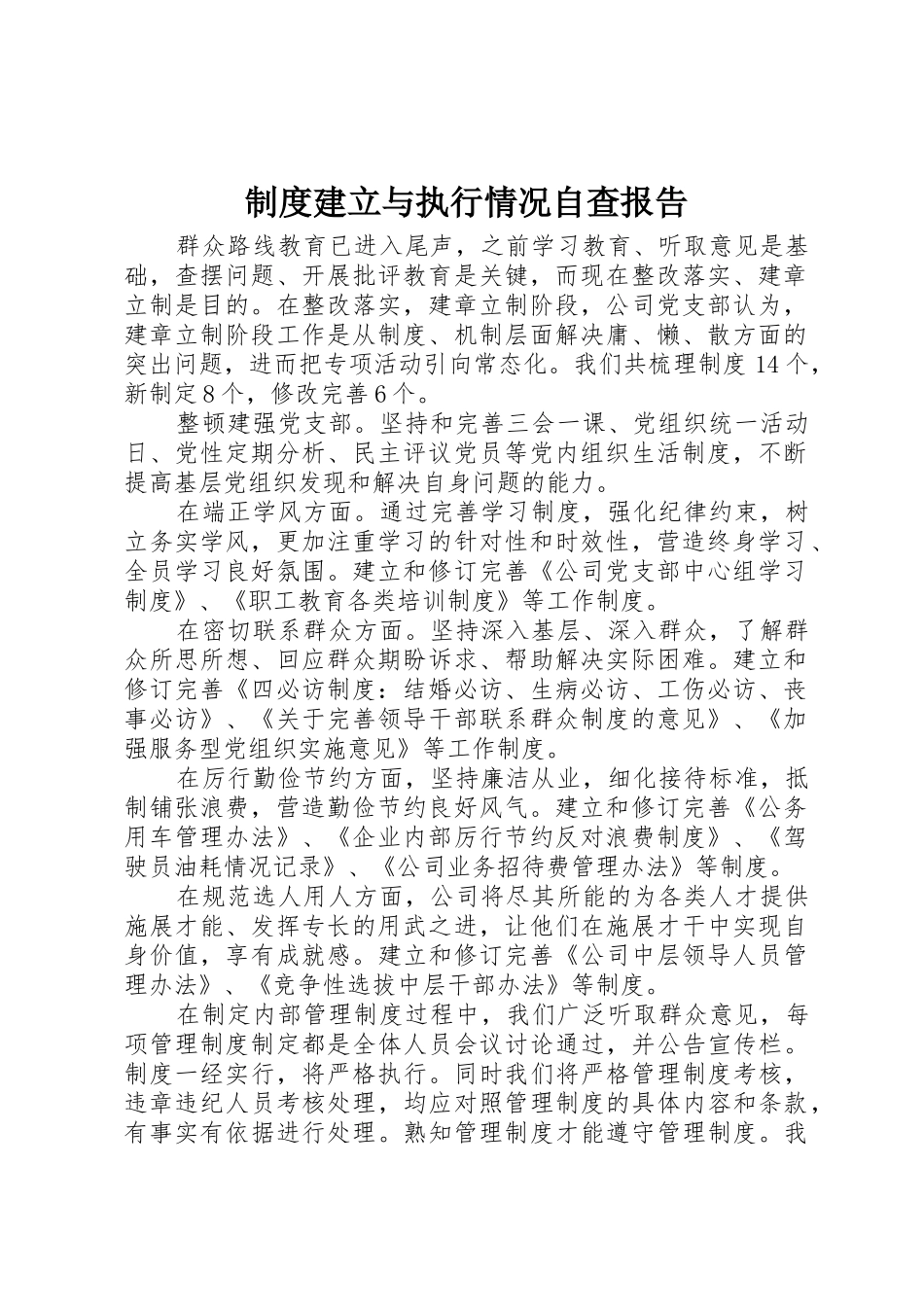 规章制度建立与执行情况自查报告 _第1页