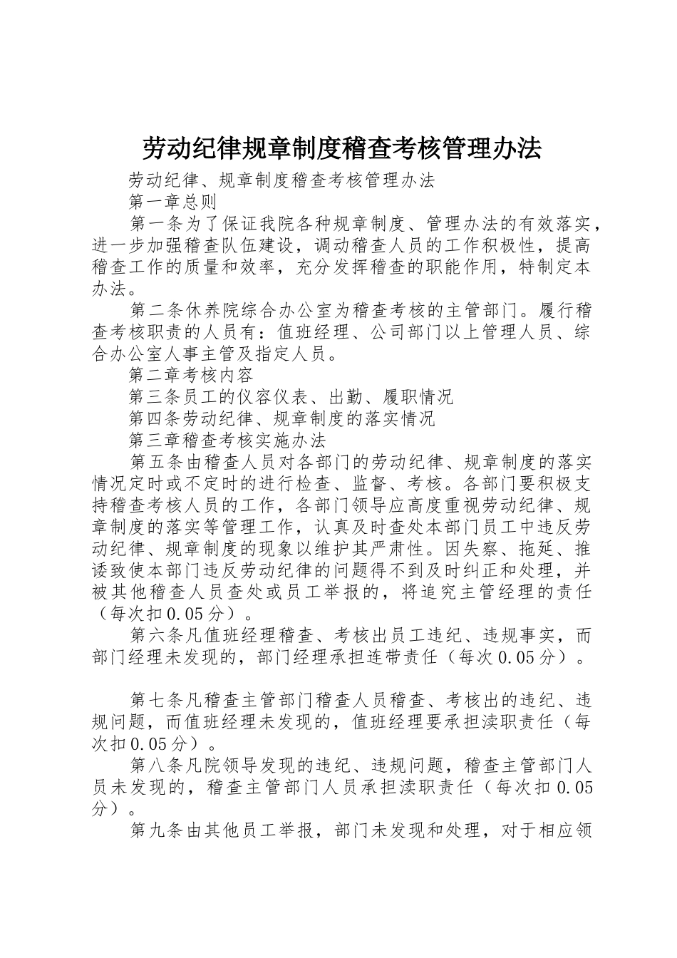 劳动纪律规章规章制度细则稽查考核管理办法_第1页