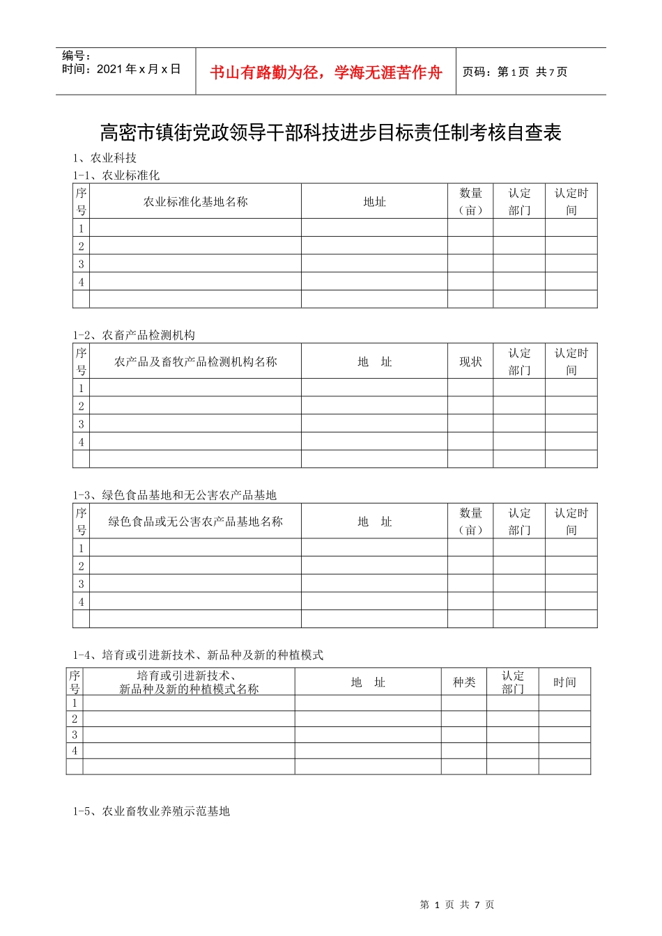 高密市镇街党政领导干部科技进步目标责任制考核自查表_第1页