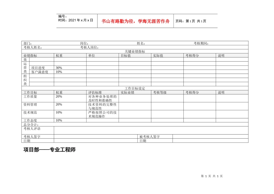 项目部专业工程师绩效考核表_第1页