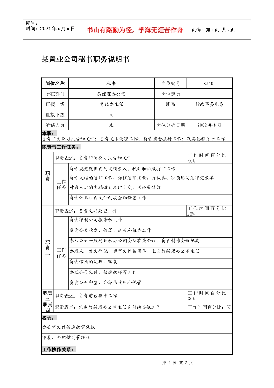 某置业公司秘书职务说明书_第1页