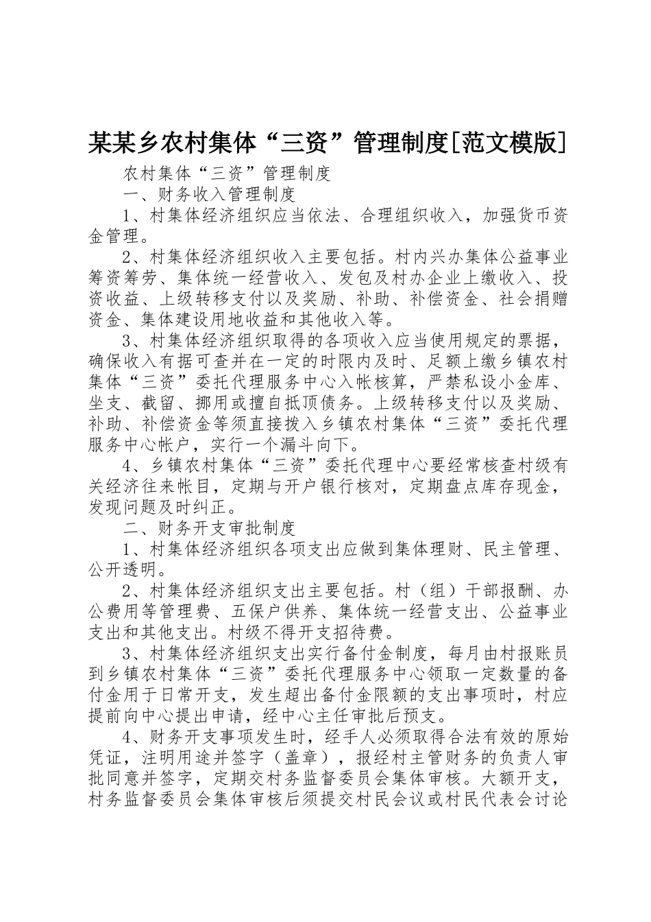 某某乡农村集体“三资”管理规章制度[范文模版]_第1页