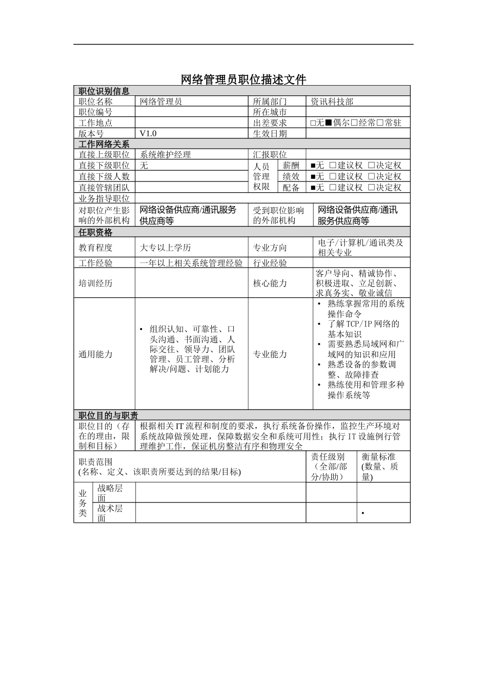 资讯科技部网络管理员岗位说明书_第1页