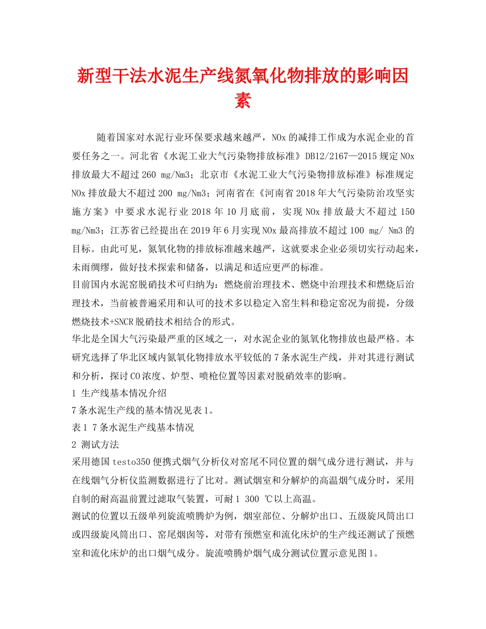 《安全环境-环保技术》之新型干法水泥生产线氮氧化物排放的影响因素 _第1页