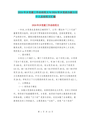 2024年乡党建工作总结范文与2024年乡党政办副主任个人总结范文汇编