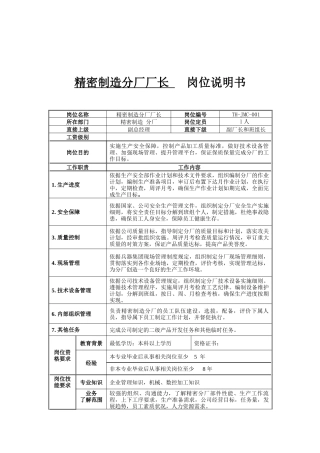 精密制造分厂厂长岗位说明书