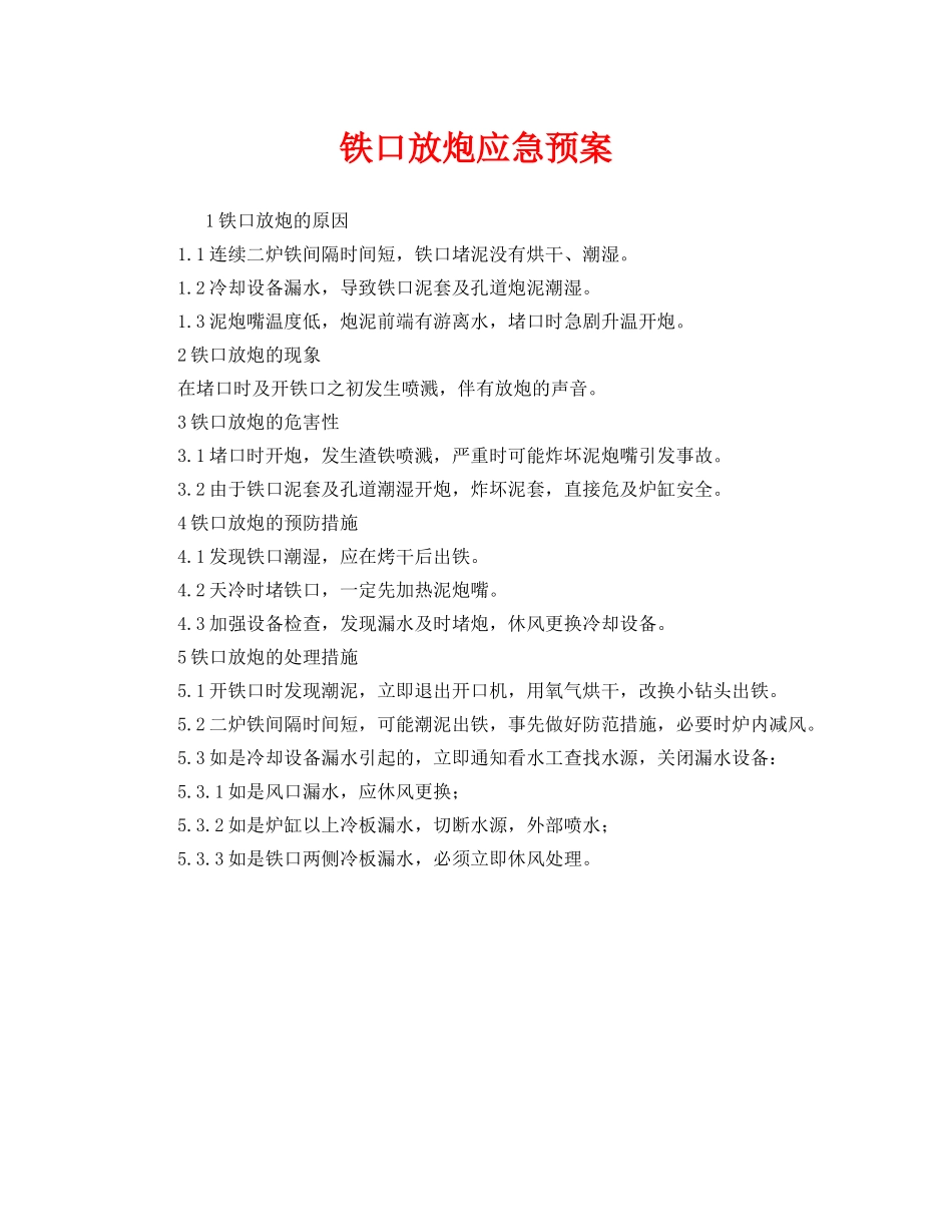 《安全管理应急预案》之铁口放炮应急预案 _第1页