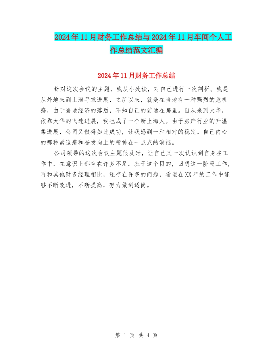 2024年11月财务工作总结与2024年11月车间个人工作总结范文汇编_第1页