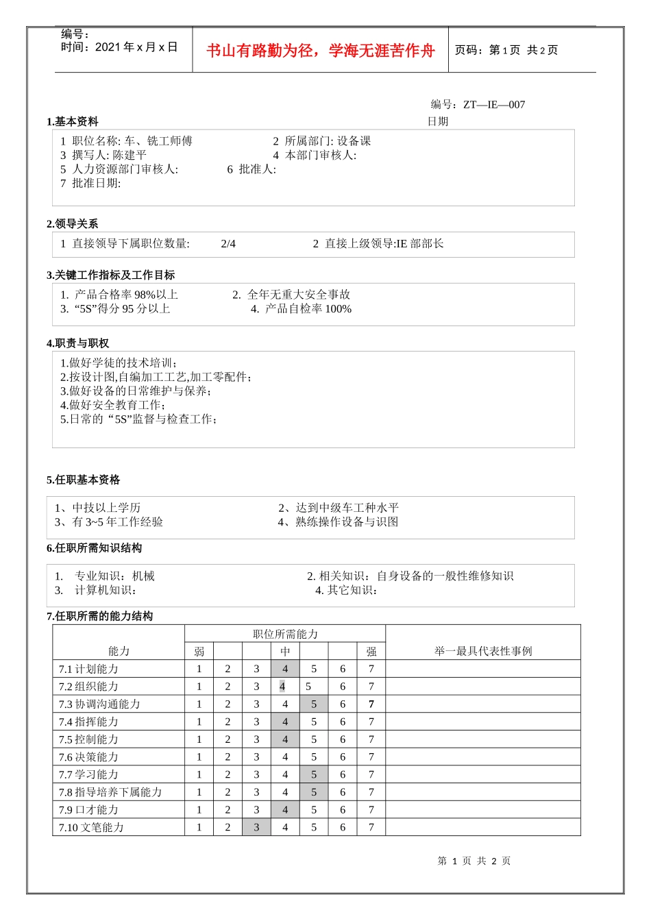 车、铣工师傅 职位说明_第1页