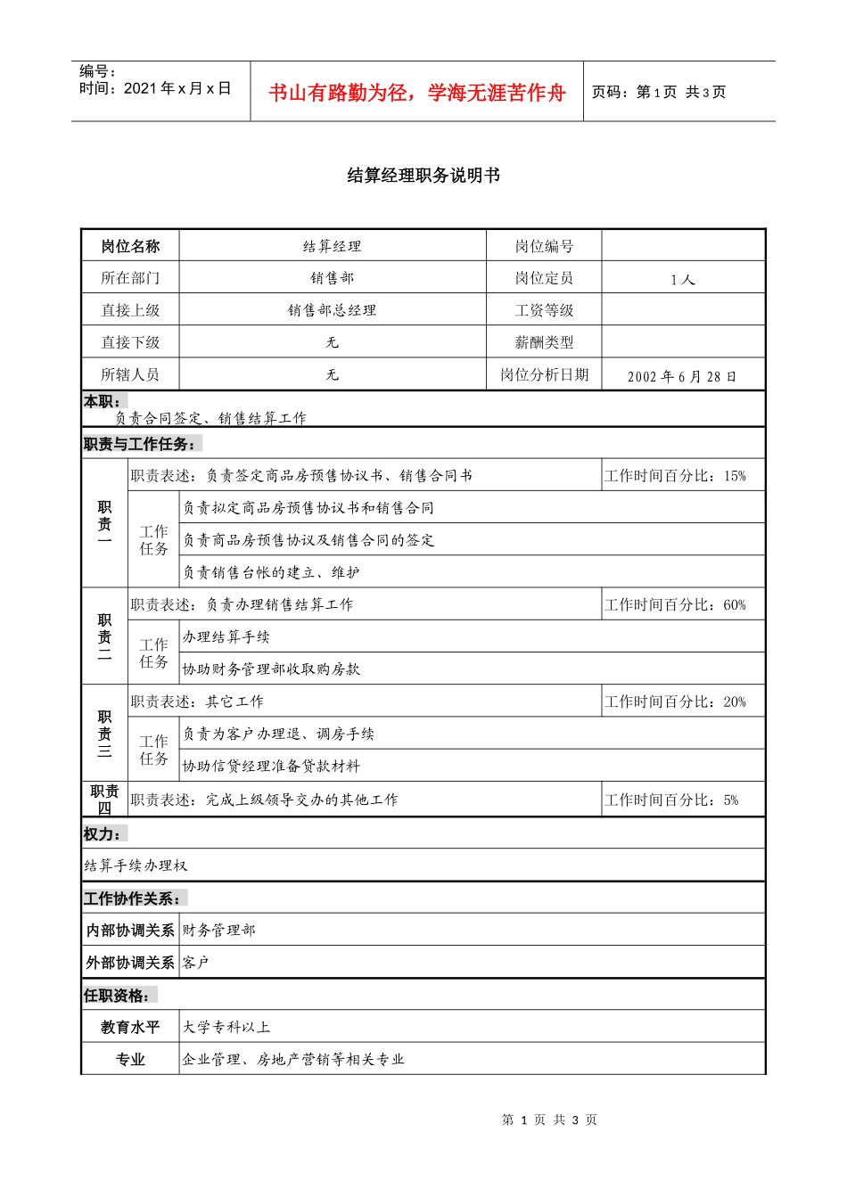 某集团置业公司结算经理职务说明书_第1页
