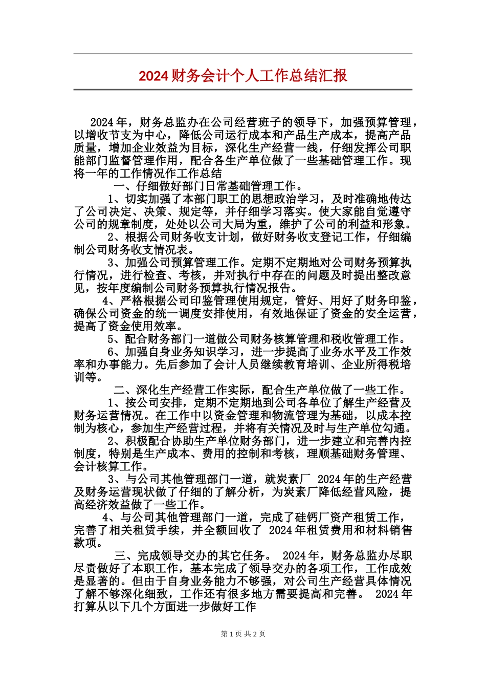 2024财务会计个人工作总结汇报_第1页