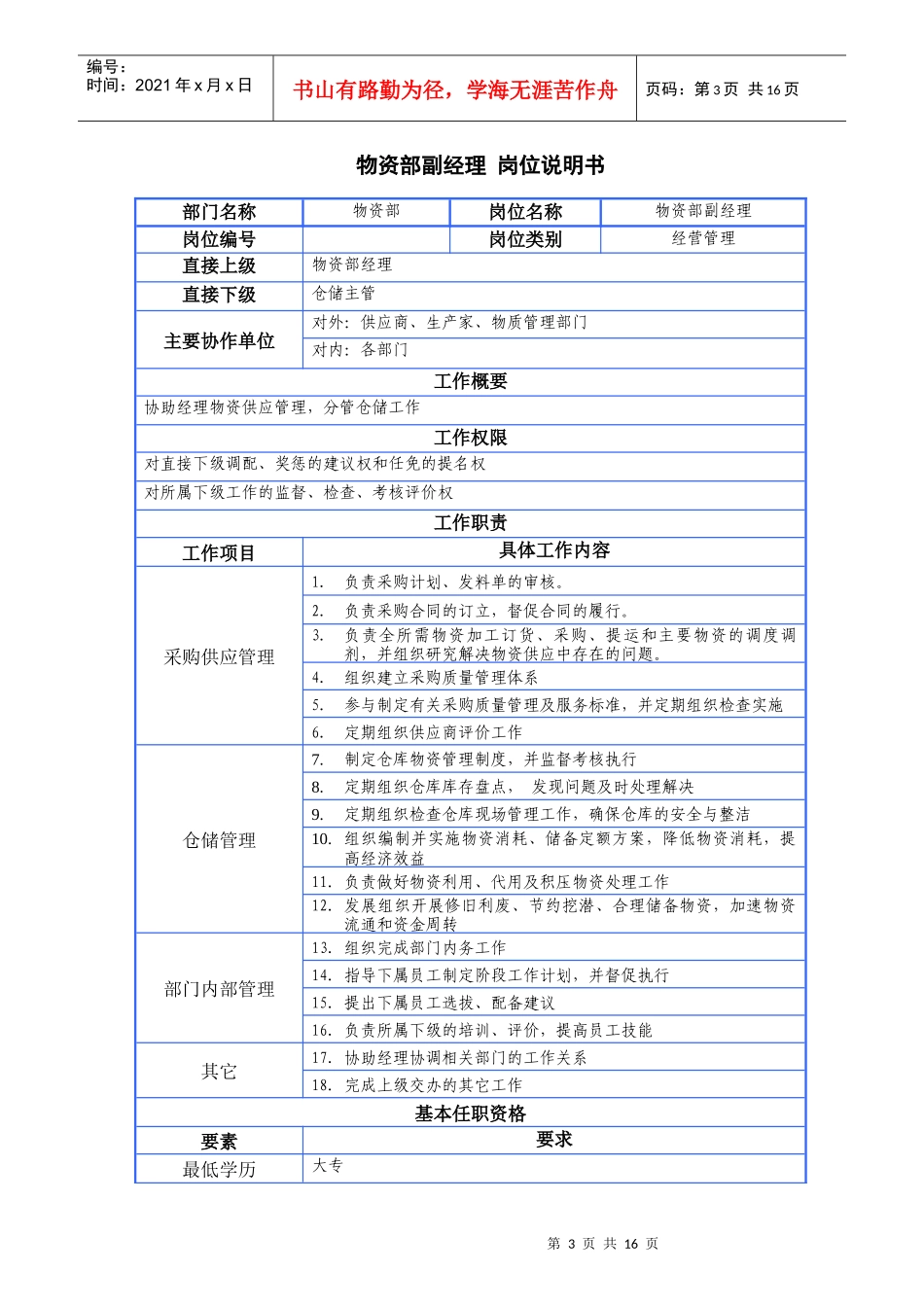 物资部门岗位说明书_第3页