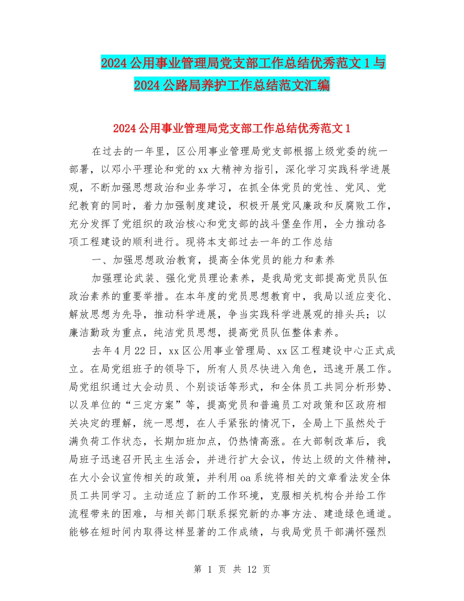 2024公用事业管理局党支部工作总结优秀范文1与2024公路局养护工作总结范文汇编_第1页