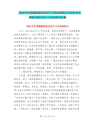 2024年乡党委政府安全生产工作总结范文与2024年乡党政办副主任个人总结范文汇编