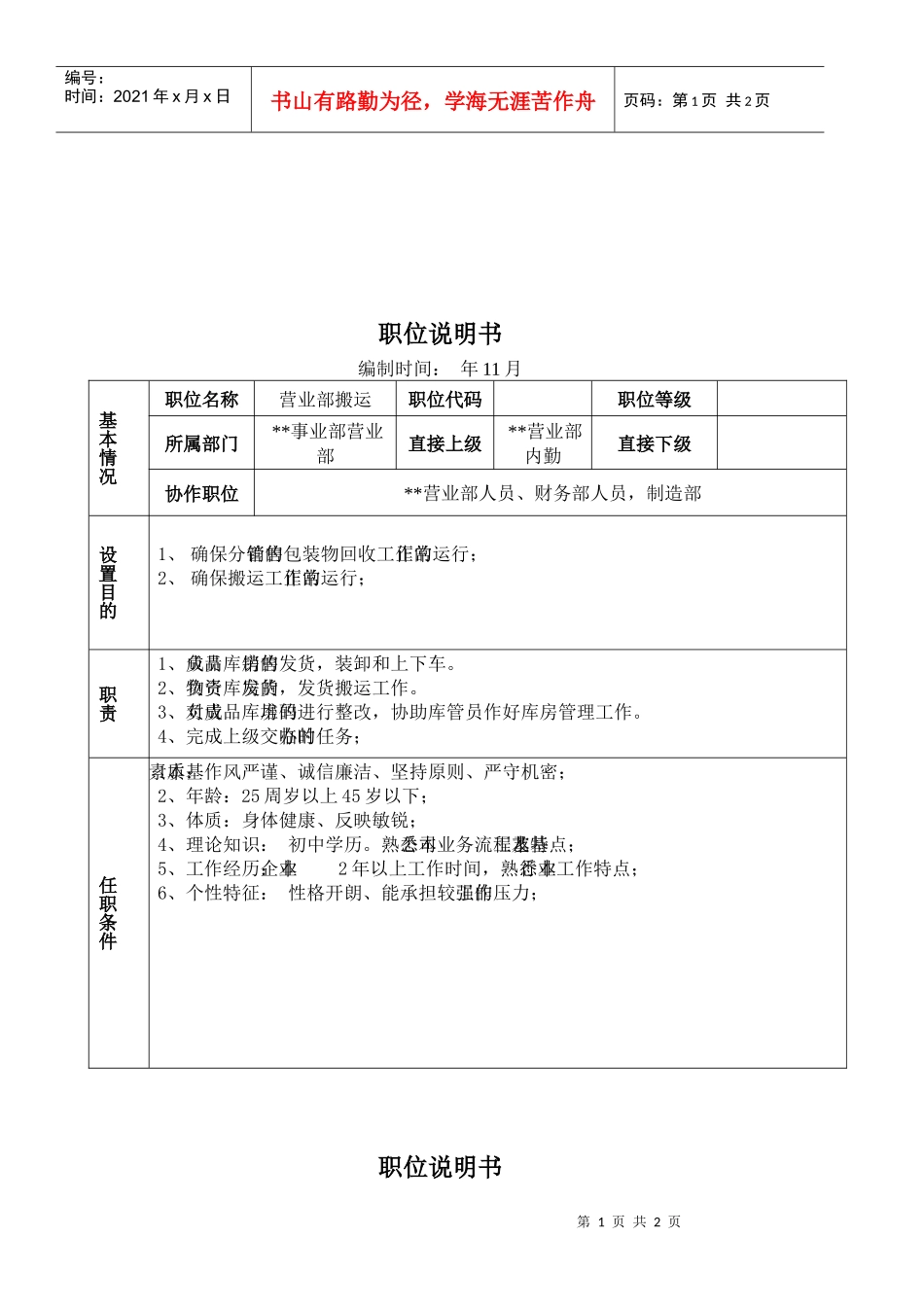 某大型摩配企业营业部搬运岗位说明书_第1页