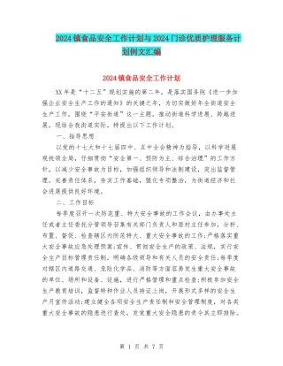 2024镇食品安全工作计划与2024门诊优质护理服务计划例文汇编