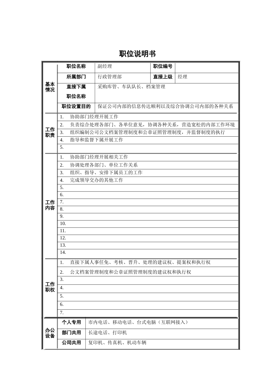 行政管理部-副经理职位说明书_第1页