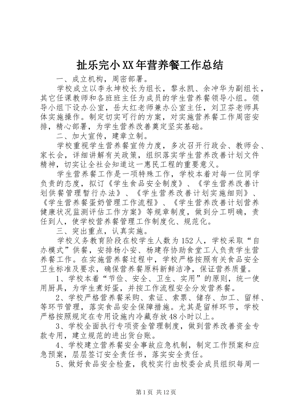 扯乐完小XX年营养餐工作总结_第1页