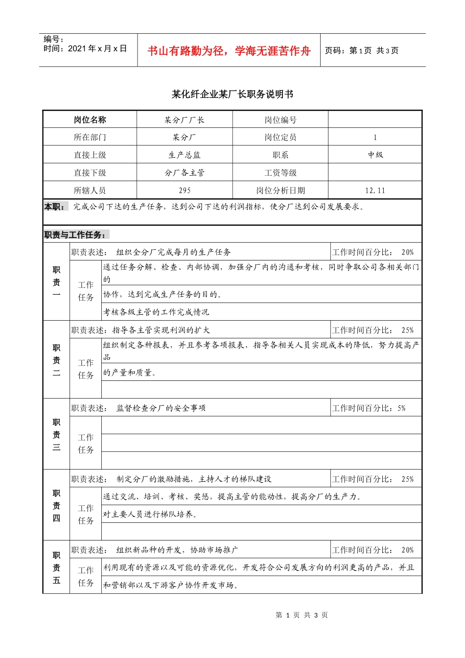 某化纤企业长丝厂长职务说明书_第1页