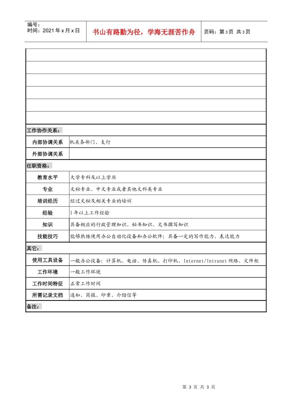 某市商业银行办公室打字员岗位职务说明书_第3页
