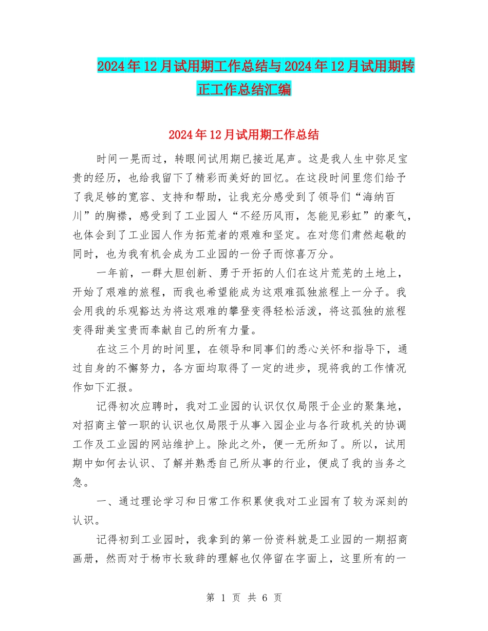 2024年12月试用期工作总结与2024年12月试用期转正工作总结汇编_第1页