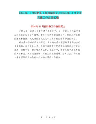 2024年11月份财务工作总结范文与2024年11月企业党建工作总结汇编
