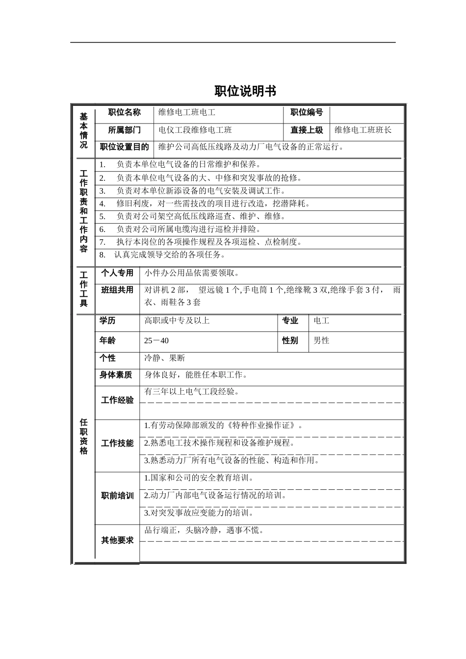 维修电工班电工职位说明书_第1页