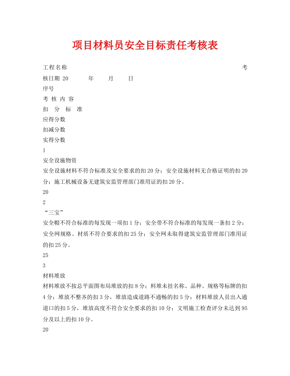 《安全管理资料》之项目材料员安全目标责任考核表 _第1页