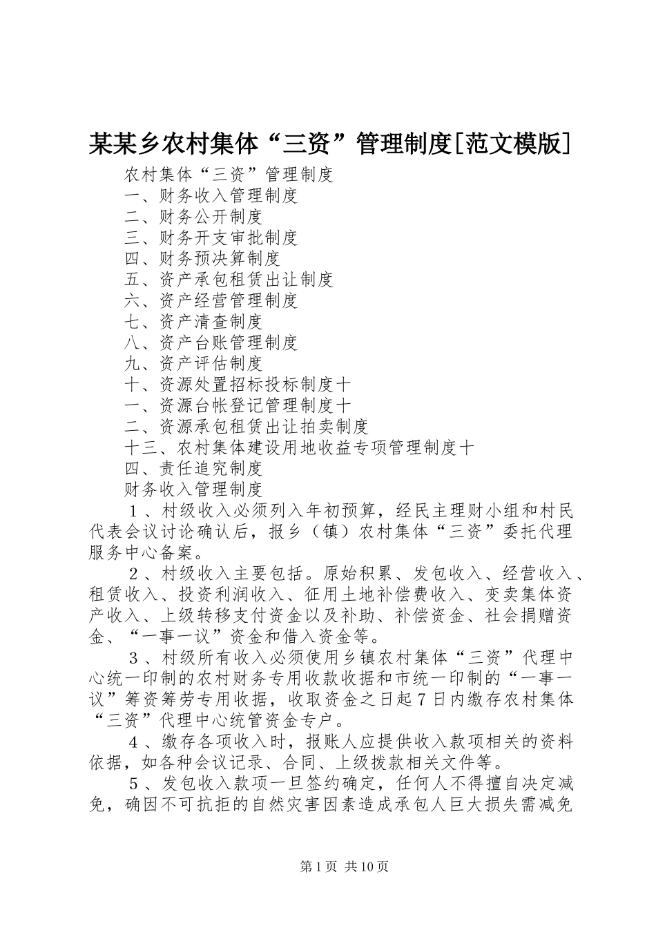 某某乡农村集体“三资”管理规章制度[范文模版] _第1页