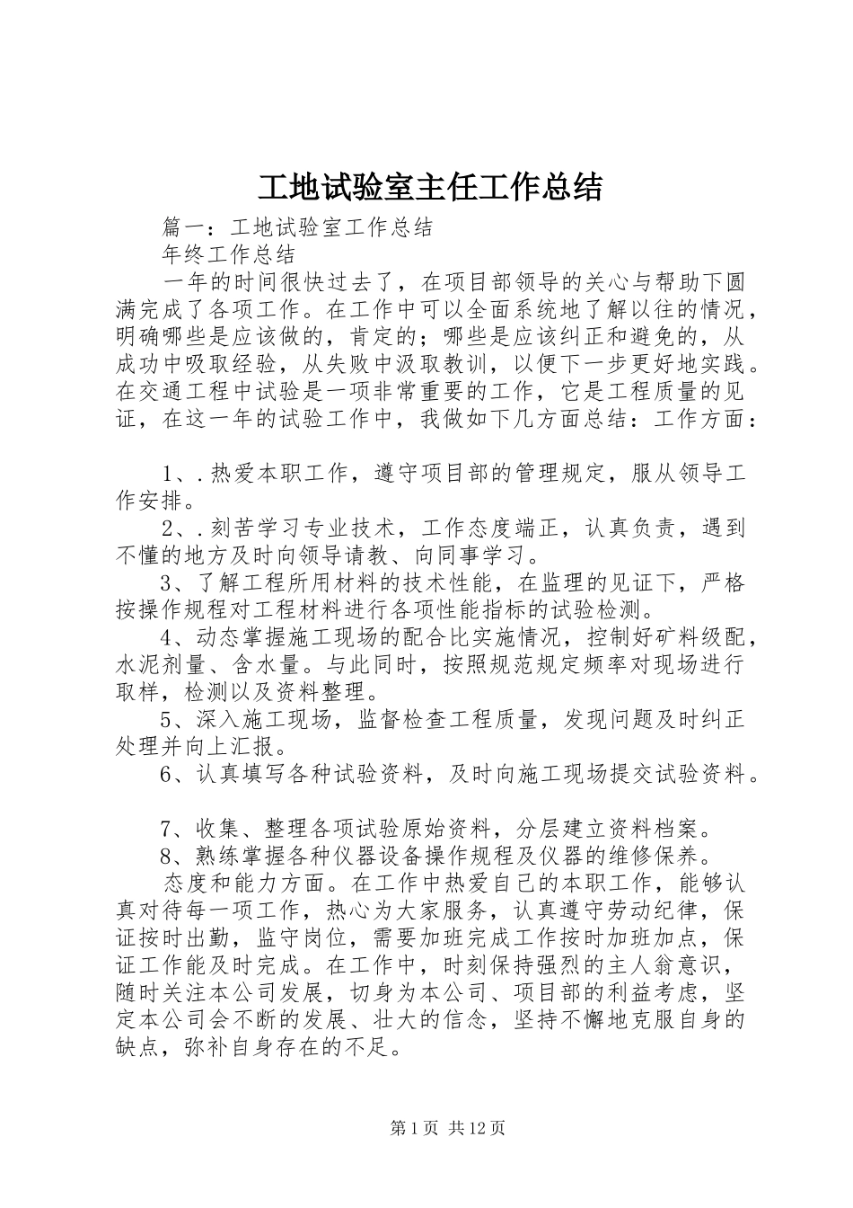 工地试验室主任工作总结_第1页