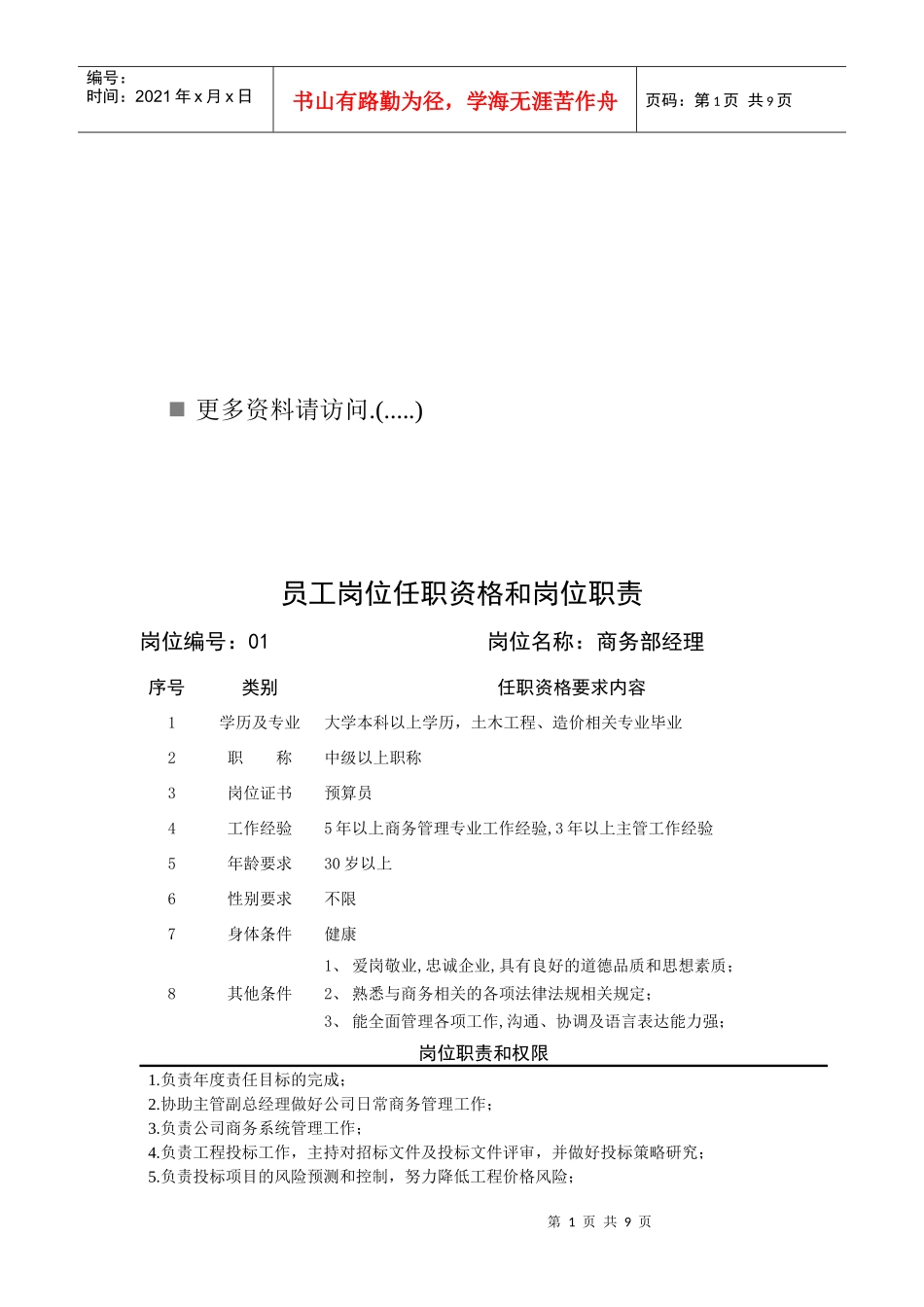 某企业商务部岗位职责说明书_第1页