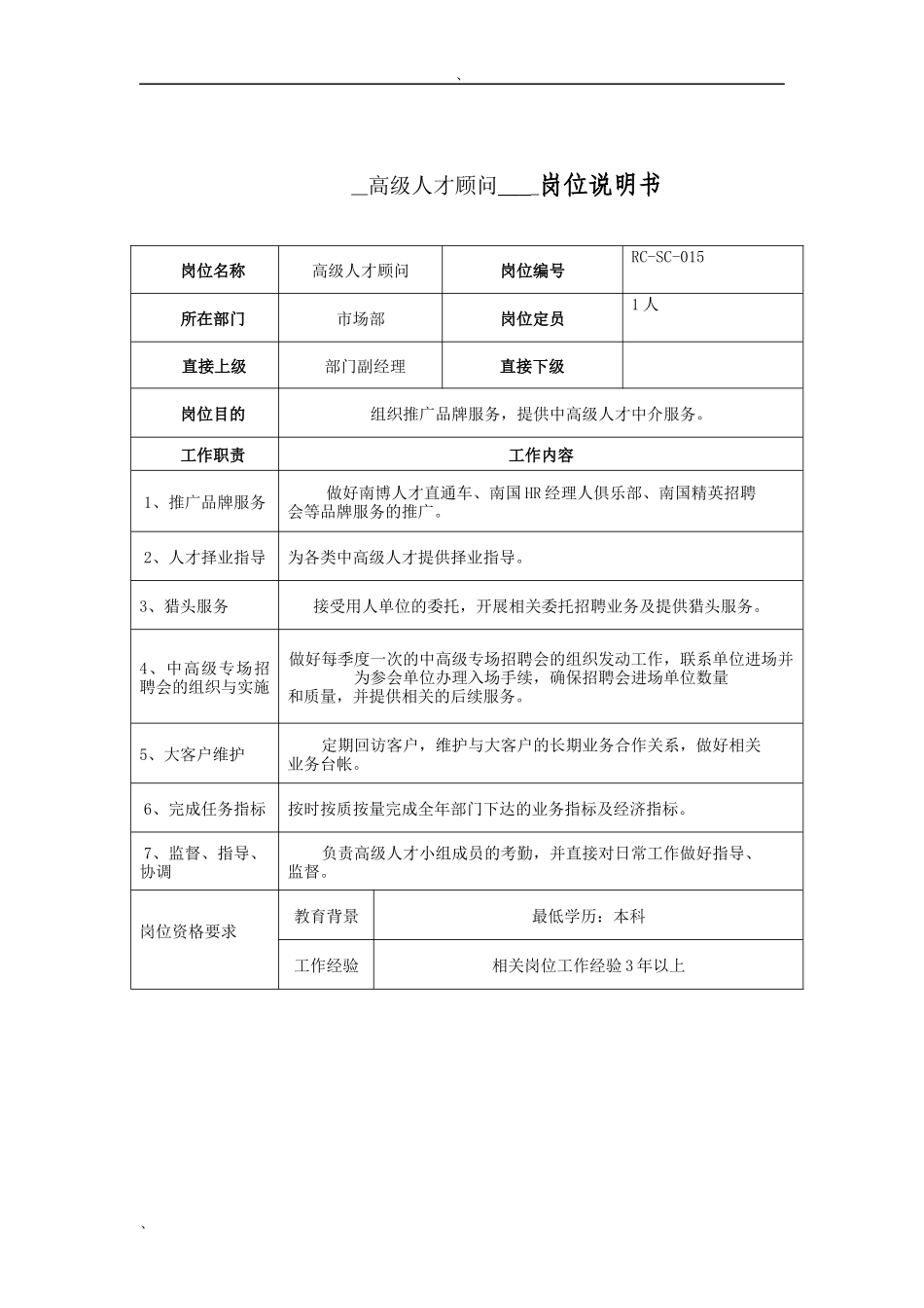 高级人才顾问岗位说明书_第1页