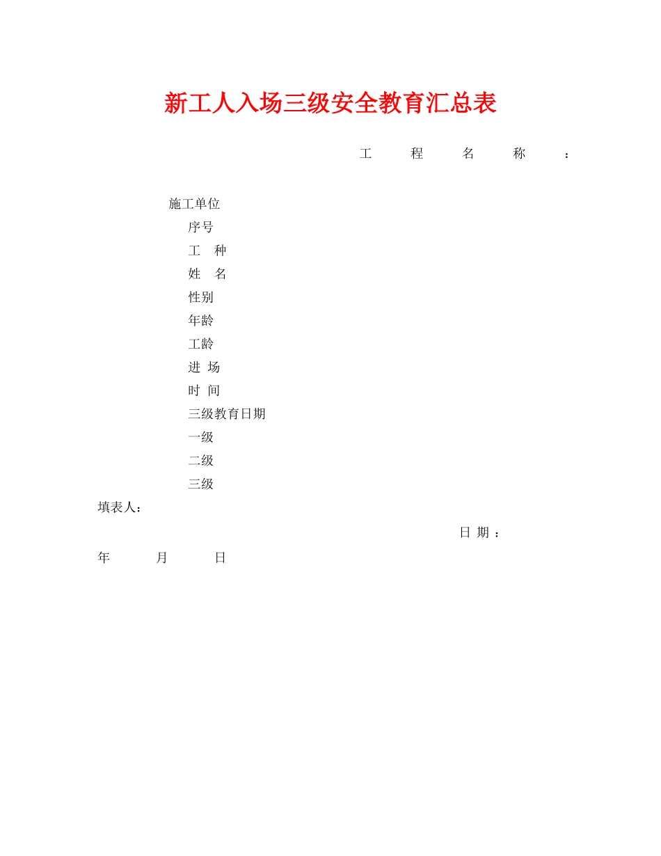 《安全管理资料》之新工人入场三级安全教育汇总表 _第1页