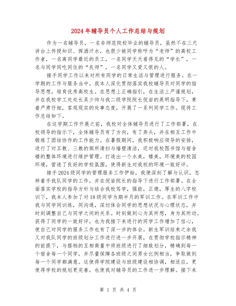 2024年辅导员个人工作总结与规划_第1页