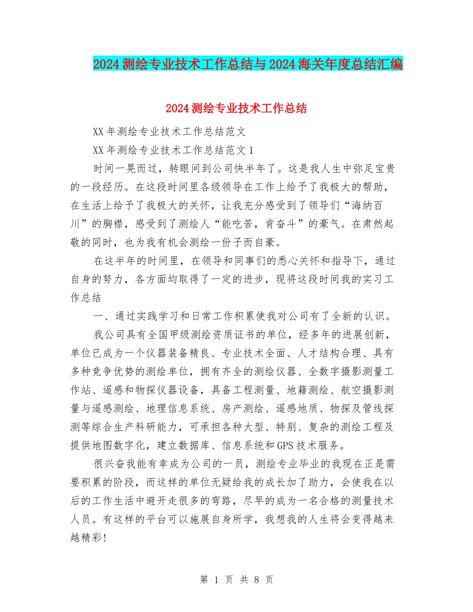 2024测绘专业技术工作总结与2024海关年度总结汇编_第1页