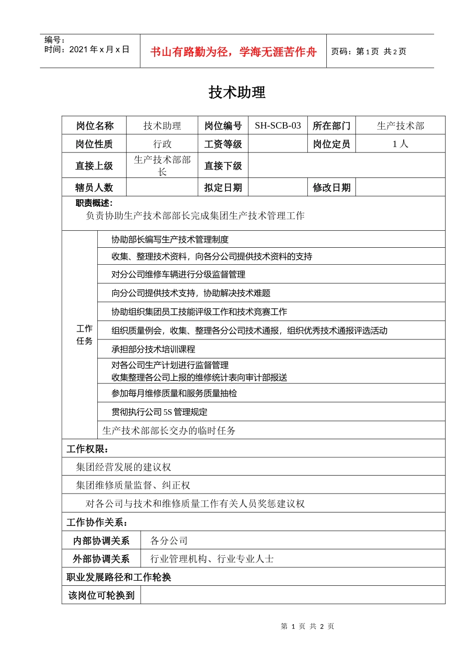 某汽车集团信息技术部技术助理岗位说明书_第1页